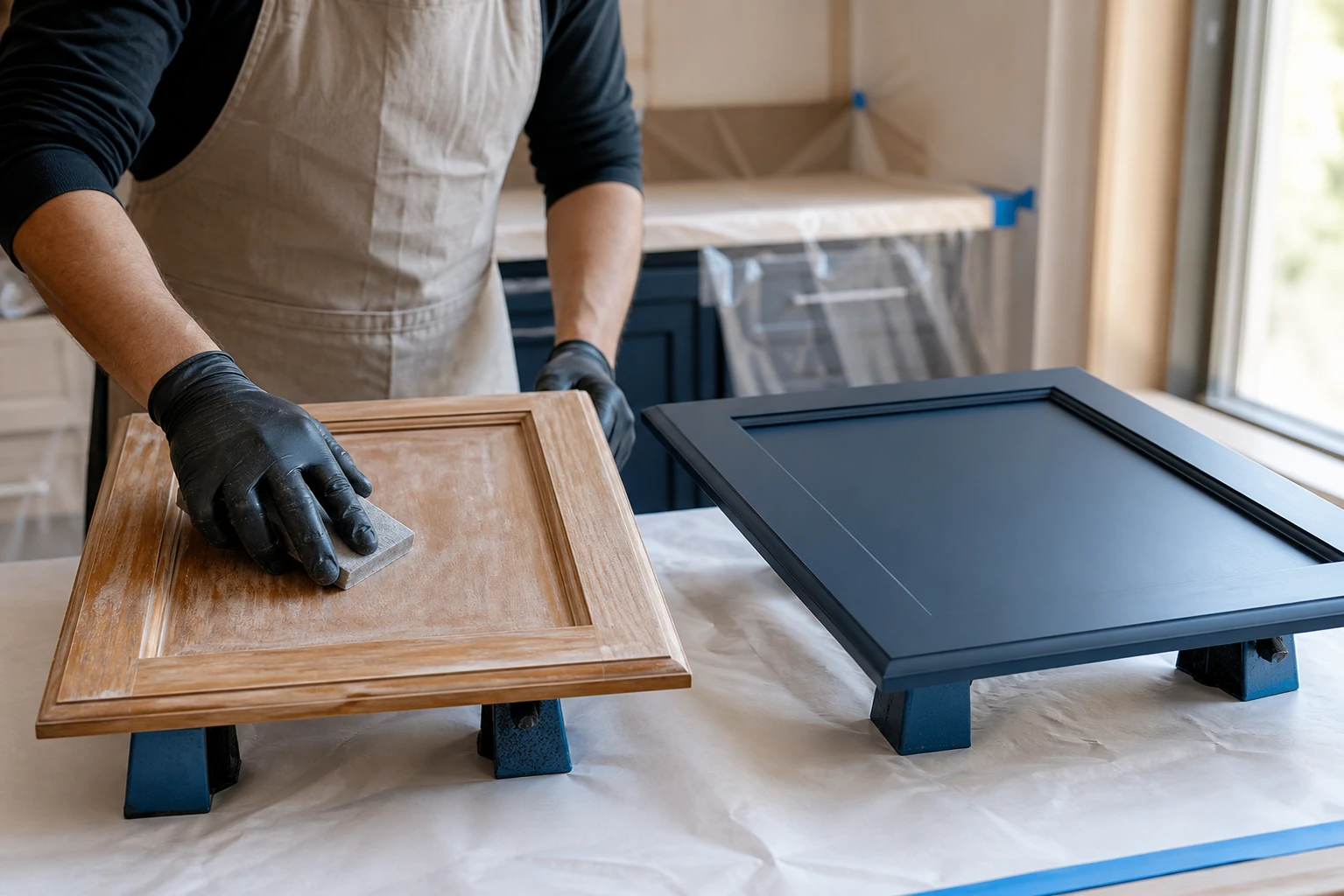 Cabinet door refinishing in progress